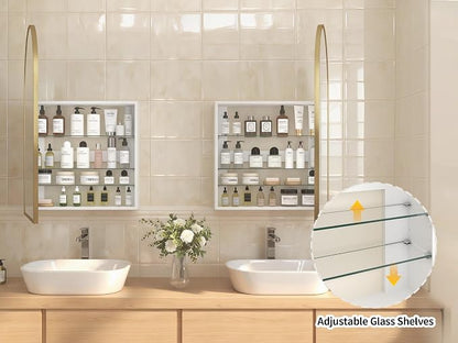 Gold Medicine Cabinet with Mirror,Bathroom Arched Medicine Cabinet Wall Mounted,Modern Vanity Mirror with Storage,Bathroom Storage Cabinet with Adjustable Shelves,Not Recessed,24x36 Inch