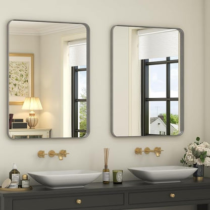 2 Pack of 22x30 Inch Silver Brushed Nickel Bathroom Mirror for Wall | Silver Metal Framed Vanity Mirror, Rounded Rectangle, Anti-Rust, Shatterproof, Hangs Horizontally or Vertically