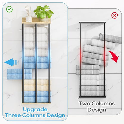 Towel Racks for Bathroom Wall Mounted, 3 Bar Wall Towel Rack for Rolled Towels, Metal Towel Holder with Wooden Shelf, Sturdy and Large Capacity, Towel Storage Organizer