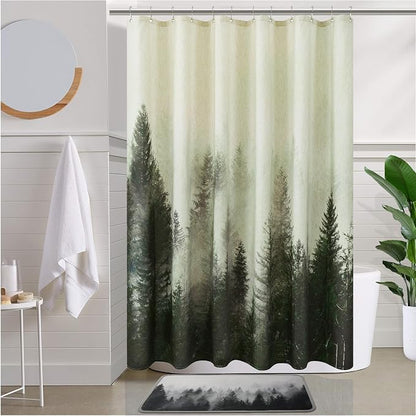 ORTIGIA Green Misty Forest Linen Shower Curtain Nature Mountain Tree Woodland Shower Curtain Set for Bathroom Heavy Blend Fabric Curtains with 10 Metal Hooks 60x72 Inch