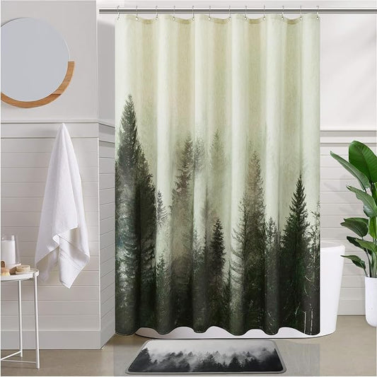 ORTIGIA Green Misty Forest Linen Shower Curtain Nature Mountain Tree Woodland Shower Curtain Set for Bathroom Heavy Blend Fabric Curtains with 10 Metal Hooks 60x72 Inch