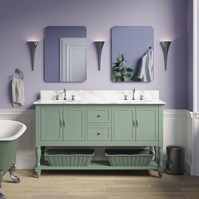 Beverly 60-inch Double Bathroom Vanity (Carrara/Sage Green): Includes Sage Green Cabinet with Authentic Italian Carrara Marble Countertop and White Ceramic Sinks