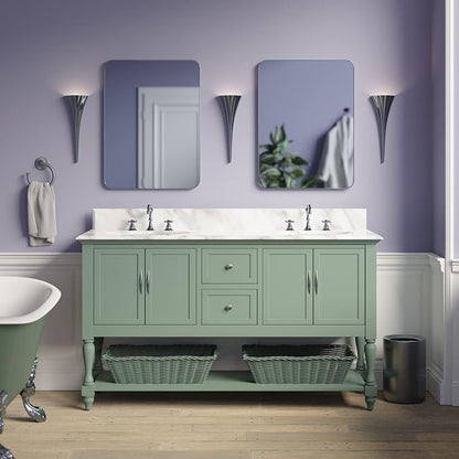 Beverly 60-inch Double Bathroom Vanity (Carrara/Sage Green): Includes Sage Green Cabinet with Authentic Italian Carrara Marble Countertop and White Ceramic Sinks