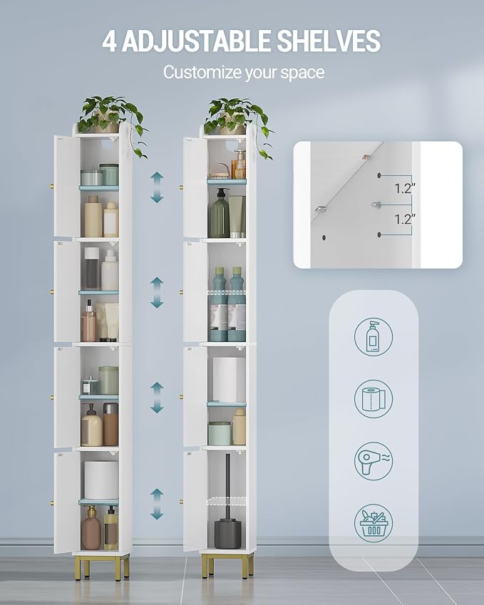 Hzuaneri 4-Tier Narrow Tall Storage Cabinet | Slim Bathroom Storage Cabinet with 4 Adjustable Feet and Shelves, for Living Room, Laundry Room, White, 7.9"Dx7.9"Wx70.9"H