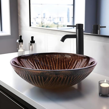 Vessel Sink 16.5" Bathroom Sinks Tempered Glass Brown Art Basin Round Bowl with Faucet Combo, Tree Streak Pattern,Modern Countertop Bowl Sink