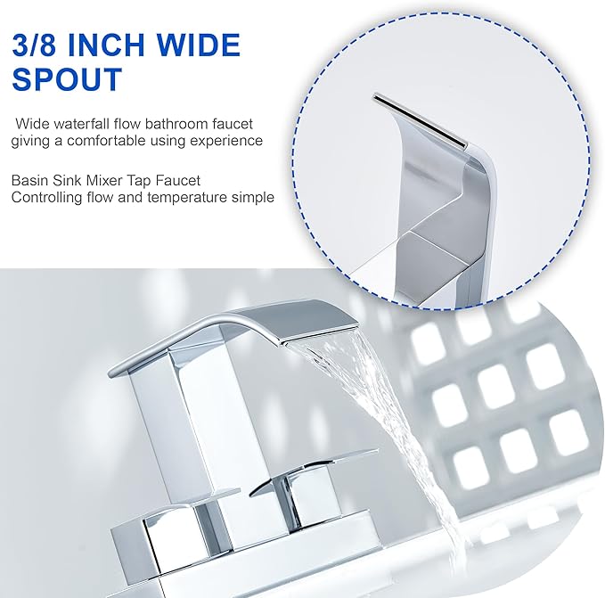 Chrome Bathroom Sink Faucet 2 Handles with Pop up Drain - Waterfall Bathroom Faucet Set 4 inch 2 or 3 Holes Centerset Mixer Tap Faucet with Supply Hoses for Bathroom Vanity Sink Vessel Basin