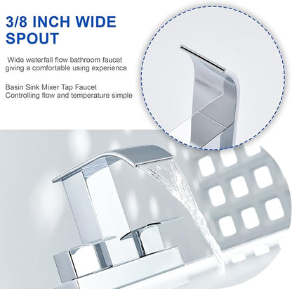 Chrome Bathroom Sink Faucet 2 Handles with Pop up Drain - Waterfall Bathroom Faucet Set 4 inch 2 or 3 Holes Centerset Mixer Tap Faucet with Supply Hoses for Bathroom Vanity Sink Vessel Basin