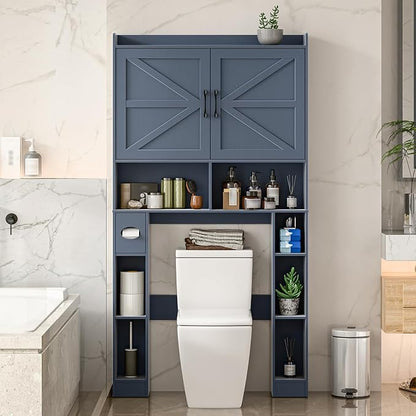 Vabches Over The Toilet Storage Cabinet with Barn Doors, Blue | Toilet Cabinet Rack, Space Saving Bathroom Organizer with Shelves, Toilet Paper Holder and Towel Rack for Bathroom,Laundry.