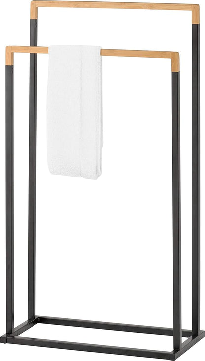 MyGift 33 Inch Free Standing Towel Rack for Bathroom, Freestanding Bath Towel Holder with 2 Tier Bamboo Wood Bar and Black Chrome Plated Metal, Drying Rack Stand Laundry