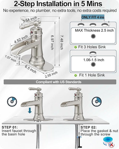 Brass Brushed Nickel Bathroom Faucet, Waterfall Faucet for Bathroom Sink 1 Hole or 4 Inch 3 Holes, One Handle with Deck Plate, Pop Up Drain & cUPC Supply Hoses for Modern Lavatory RV Washroom