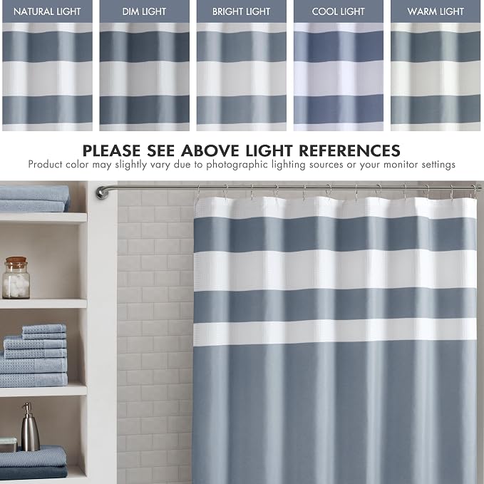 Madison Park Spa Waffle Extra Long Shower Curtain, 72 x 84, Indigo Blue | Striped, Pieced Fabric Design, 3M Scotchgard Moisture Management, Hotel Quality, Modern, for Bathroom, OEKO-TEX Certified
