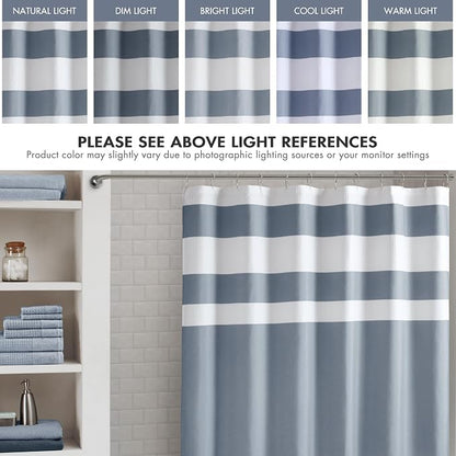 Madison Park Spa Waffle Extra Long Shower Curtain, 72 x 84, Indigo Blue | Striped, Pieced Fabric Design, 3M Scotchgard Moisture Management, Hotel Quality, Modern, for Bathroom, OEKO-TEX Certified