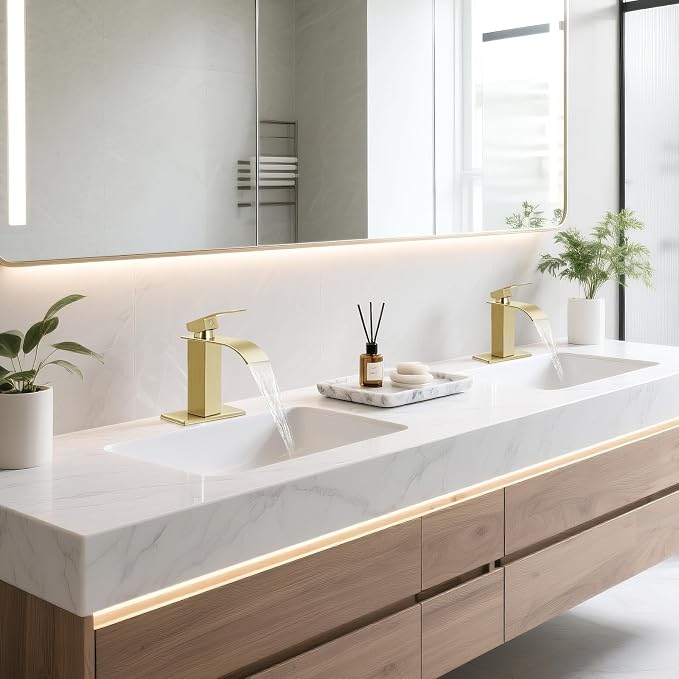 Brushed Gold Bathroom Faucet with Waterfall Spout and Pop-up Drain | SUS 304 Stainless Steel, Single Handle, 1 Or 3 Hole Sink, RV Vanity, Deck Plate, Supply Hoses, NSF372 NSF61 cUPC