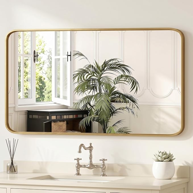Sweetcrispy Bathroom Wall Mirror, 48x30 Inch Wall Mount Mirror for Over Sink, Modern Rounded Rectangle Vanity Mirrors with Matte Metal Framed, for Home Decor, Living Room, Bedroom, Gold