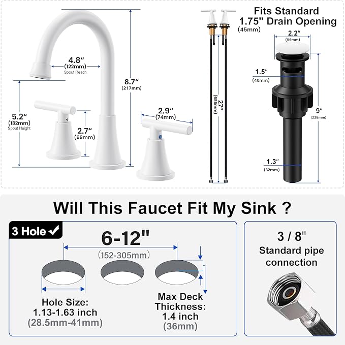 Bathroom Faucet 3 Hole, White Faucets with Pop-up Drain and Supply Lines | Hurran Stainless Steel Lead-Free Widespread Bathroom Sink Faucet for Vanity RV Restroom Laundry Outdoor Utility Sink