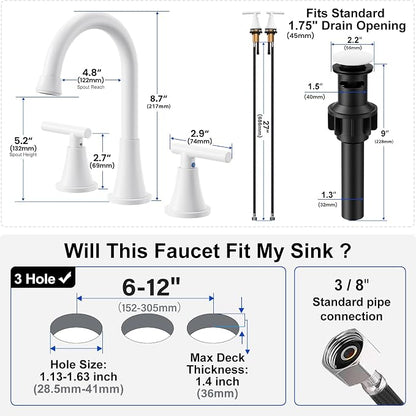 Bathroom Faucet 3 Hole, White Faucets with Pop-up Drain and Supply Lines | Hurran Stainless Steel Lead-Free Widespread Bathroom Sink Faucet for Vanity RV Restroom Laundry Outdoor Utility Sink