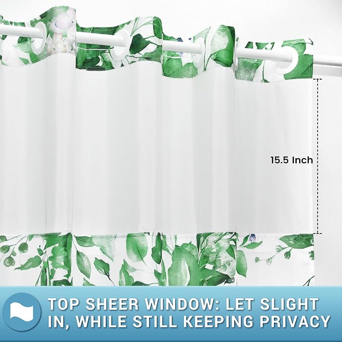 No Hook Shower Curtain with Liner, Eucalyptus Dark Green, 71x74 | Snap in Liner, 3 in 1, Water Repellent, Easy Install, Machine Washable, Hotel Style for Bathroom, Watercolor Pattern