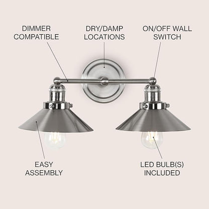 JONATHAN Y 17.5" Nickel 2-Light Industrial Farmhouse Metal Vanity Light Wall Sconce, Metal Shade for Bathroom Mirror, Kitchen, Entryway, LED Bulb Included (JYL7427B)