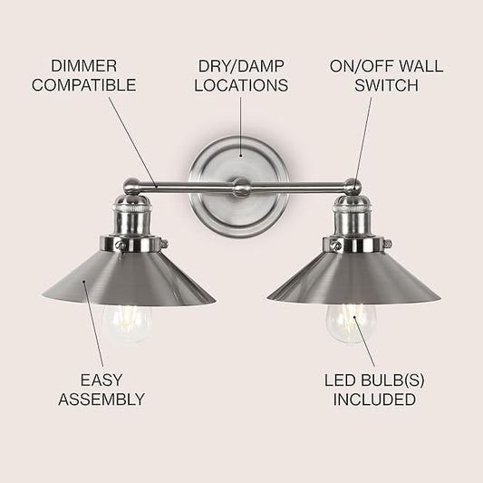 JONATHAN Y 17.5" Nickel 2-Light Industrial Farmhouse Metal Vanity Light Wall Sconce, Metal Shade for Bathroom Mirror, Kitchen, Entryway, LED Bulb Included (JYL7427B)