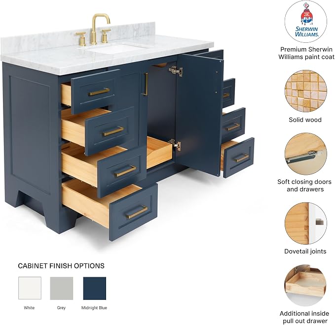 DKB Emilia 54" Midnight Blue Bathroom Vanity with Sink, 1.5" Edge Italian Carrara Marble Countertop, Rectangular Undermount Sink, 2 Soft-Closing Doors, 9 Dovetail Drawers