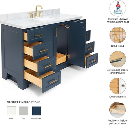DKB Emilia 54" Midnight Blue Bathroom Vanity with Sink, 1.5" Edge Italian Carrara Marble Countertop, Rectangular Undermount Sink, 2 Soft-Closing Doors, 9 Dovetail Drawers