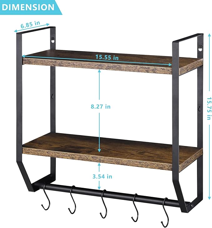 OYEAL Bathroom Shelf with Towel Bar Wall Mounted Towel Rack | Rustic Towel Shelf for Bathroom with 5 Hooks, 2 Tier Shelf Storage Organizer for Living Room, Kitchen, Bedroom, Rustic Brown