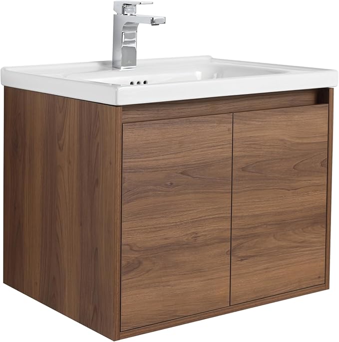 Blossom 24 Inch Wall Mounted Bathroom Vanity with Sink | Floating Wood Vanity Cabinet | Modern Soft-Close Doors & Storage | Ceramic Basin | Space-Saving Design (Brown Walnut, 24'' Ceramic Sink)