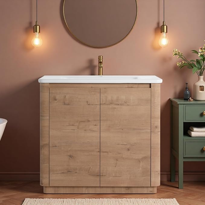 36" Bathroom Vanity with Ceramic Sink, Freestanding Bathroom Vanity with 2-Soft-Close Door, Soft-Closing Hinges & Hidden Handles for Home, Farmhouse, Easy to Clean Design, Imitative Oak