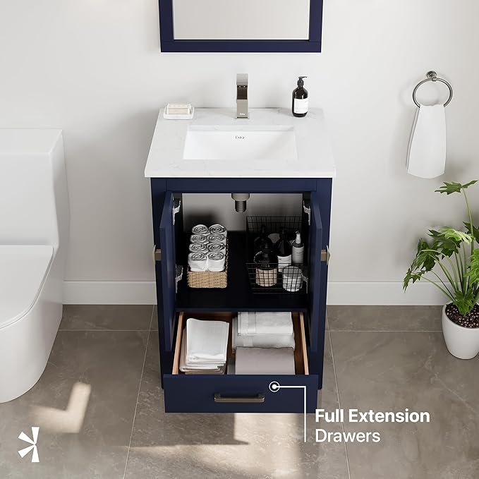 Eviva London 24 in. Blue Single Sink Bath Vanity with Carrara Quartz Top and Undermount Porcelain Sink