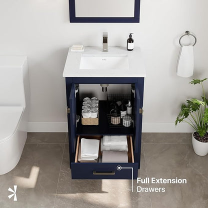 Eviva London 24 in. Blue Single Sink Bath Vanity with Carrara Quartz Top and Undermount Porcelain Sink