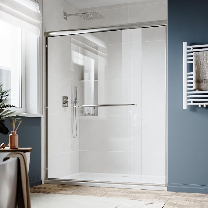 SUNNY SHOWER Double Sliding Glass Door 48" W x 72" H Shower Door 1/4" Tempered Glass Sliding Door Semi-Frameless Shower Glass Enclosure Bypass Walk in Shower Cabin, Brushed Nickel