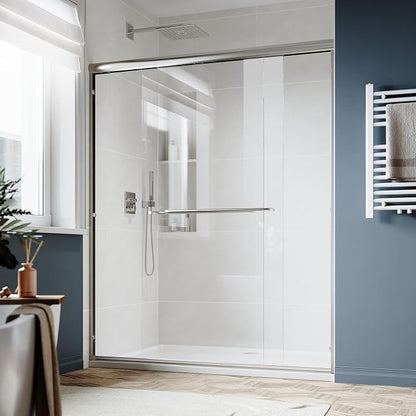 SUNNY SHOWER Double Sliding Glass Door 48" W x 72" H Shower Door 1/4" Tempered Glass Sliding Door Semi-Frameless Shower Glass Enclosure Bypass Walk in Shower Cabin, Brushed Nickel