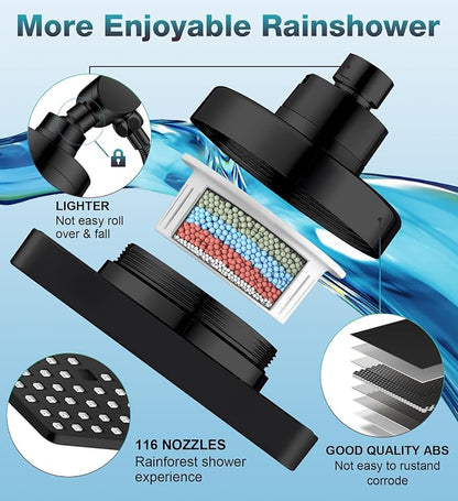 High Pressure Black Dual Filtered Rain Shower Head Combo for Hard Water | 10 Modes Handheld Shower Head Built in Water Filtration, 6 inch Rainfall Shower Head with Filter to Soft Water