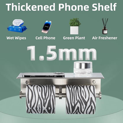 Brushed Nickel Double Toilet Paper Holder with Shelf, Wall Mounted | 304 Stainless Steel, Rust-resistant for Bathroom Restroom Powder Room, Dual Rolls Tissue Holder, Large Phone Storage