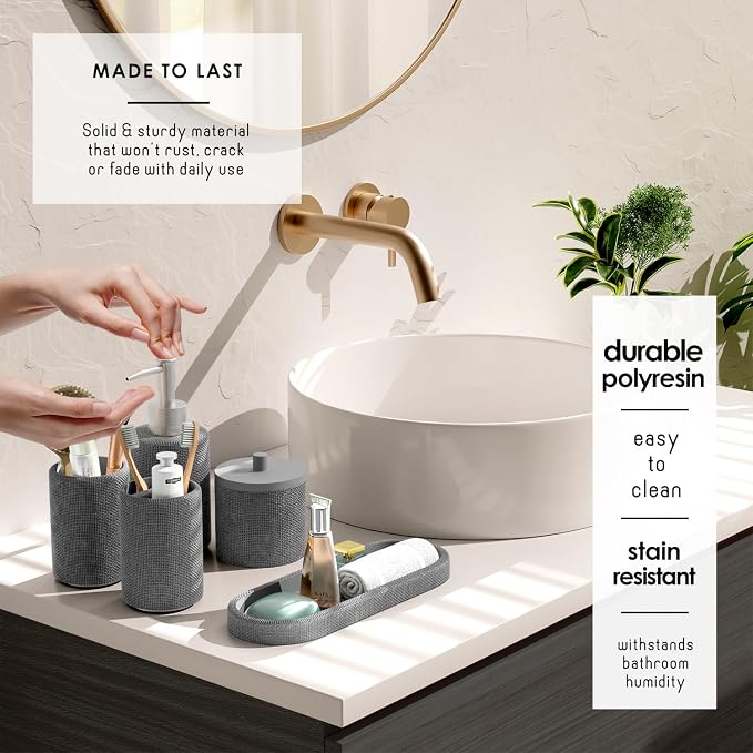 Clara Clark Bathroom Set - Grey Bathroom Accessories Set, 24PC Bathroom Accessory Set, Bathroom Sets with Shower Curtain Set, Adhesive Corner Shower Caddy Hanging & Soap Dispenser