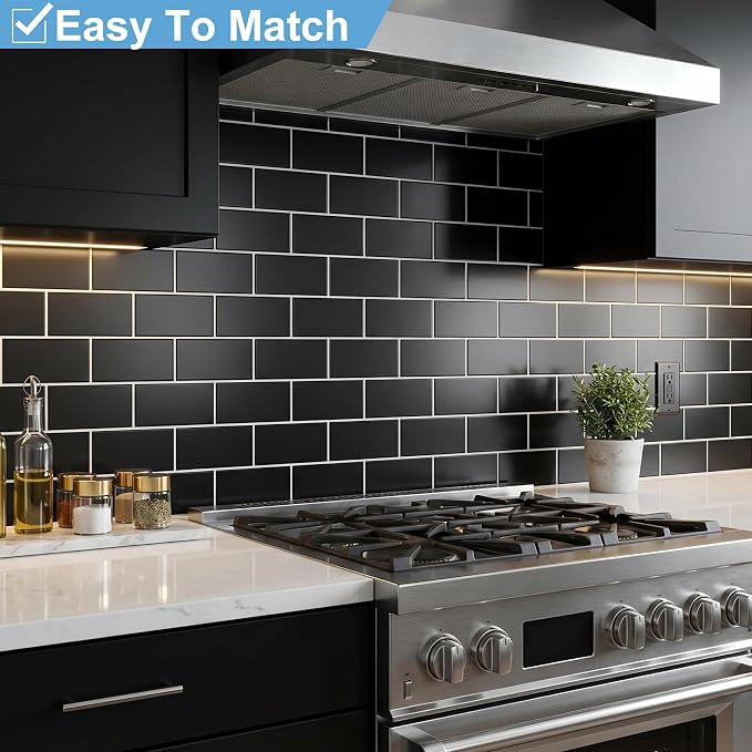 Yipscazo 2026 New Upgrade Peel and Stick backsplash 3 x 6 Inches 3D PVC Composite Wall Tile Stick on Backsplash Tile for Kitchen Bathroom, Laundry Room, Fireplace(Pure Black, 100 Pieces)