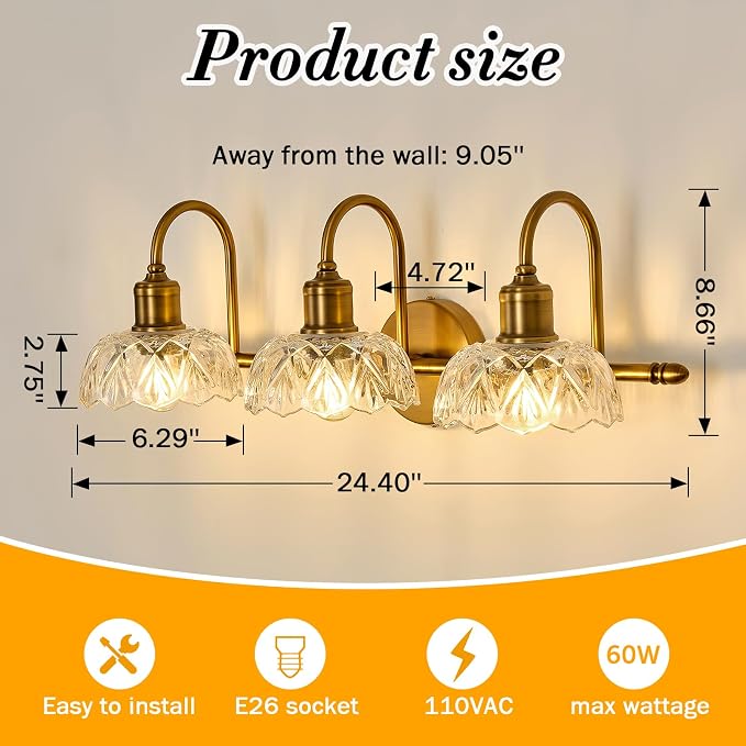 UOFUS Gold Vintage Vanity Light 3 Lights Bathroom Lighting Fixtures Over Mirror with Clear Glass Shade