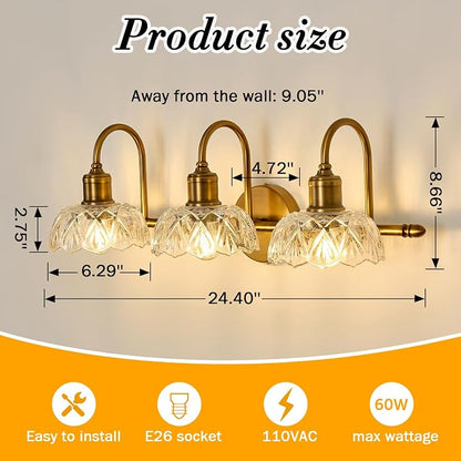 UOFUS Gold Vintage Vanity Light 3 Lights Bathroom Lighting Fixtures Over Mirror with Clear Glass Shade