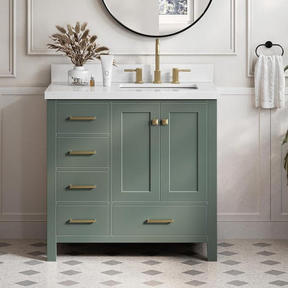 ARIEL Cambridge 36-inch Bathroom Vanity with Sink,Solid Wood, 1.5-inch Pure White Quartz Countertop, Single Rectangular Porcelain Sink, 2 Soft Closing Doors, 5 Dovetail Drawers, Vintage Green