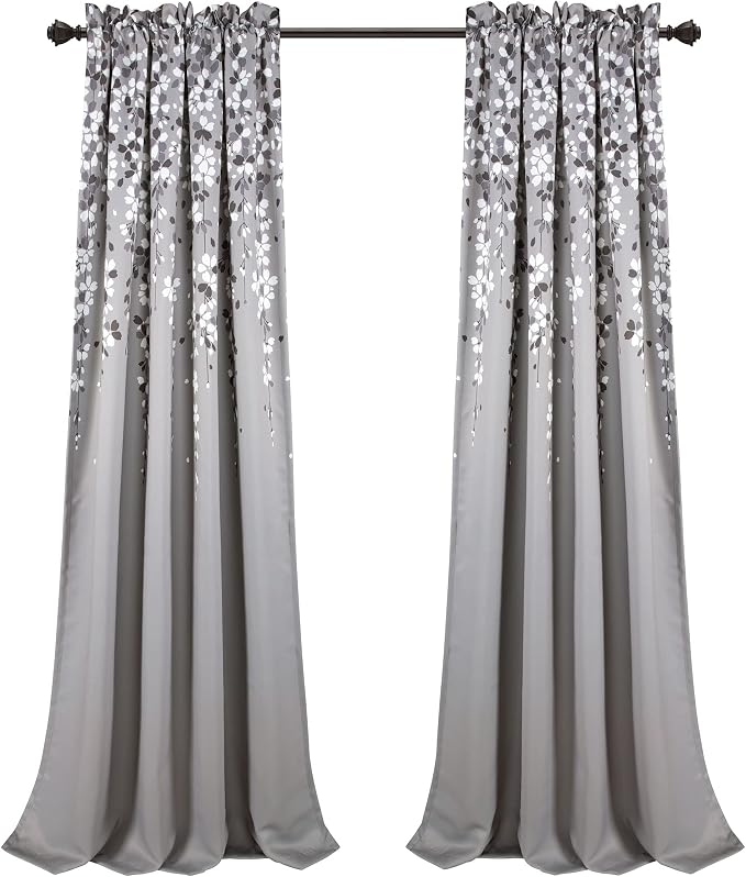 Lush Decor Weeping Flower Light Filtering Window Curtain Panels, Pair, 52"W x 95"L + 2" Header, Gray - Charming Modern Floral Curtains for Living Room, Dining Room, & Bedroom