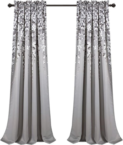 Lush Decor Weeping Flower Light Filtering Window Curtain Panels, Pair, 52"W x 95"L + 2" Header, Gray - Charming Modern Floral Curtains for Living Room, Dining Room, & Bedroom