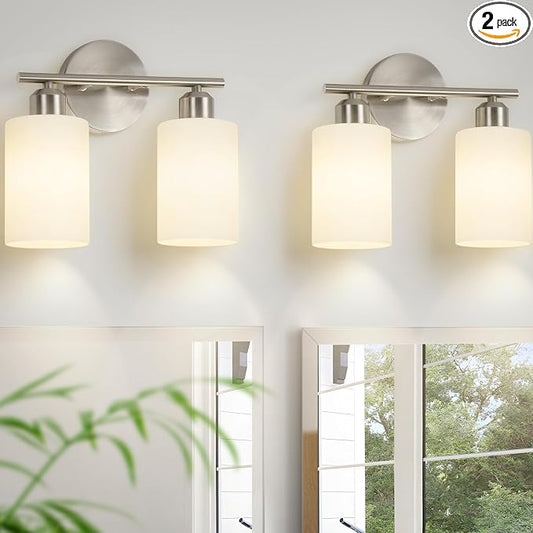Brushed Nickel Wall Sconces Set of Two, 2-Light Modern Bathroom Light Fixtures, Wall Lamp with Milky White Frosted Glass Shades for Bathroom, Mirror, Bedroom, E26.