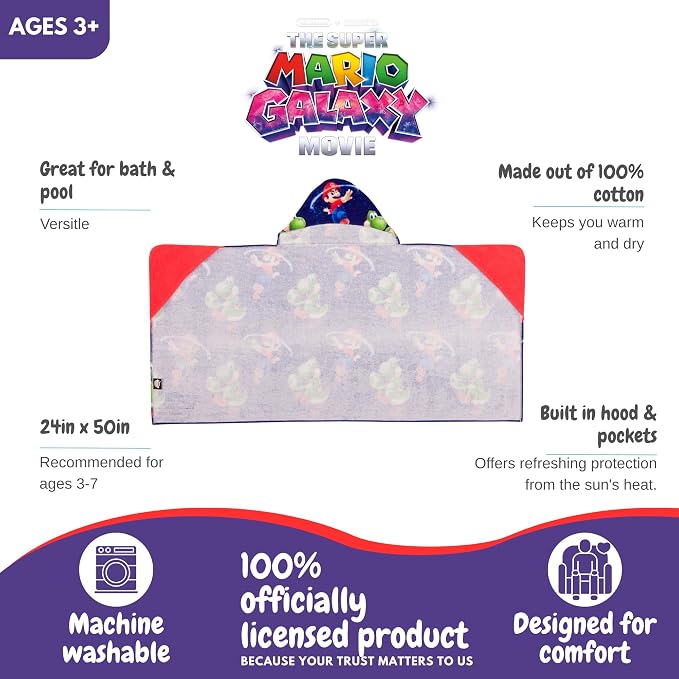 The Super Mario Galaxy Movie Kids Super Soft Bath/Pool/Beach Soft Cotton Terry Hooded Towel Wrap, 24 in x 50 in, Mario & Luigi, (100% Officially Licensed Product) By Franco