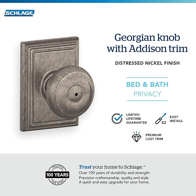SCHLAGE F40 GEO 621 ADD Lock Company F40GEO621ADD Addison Collection Georgian Privacy Knob, Distressed Nickel