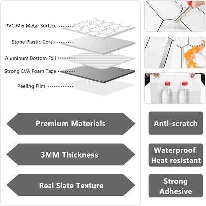 Vamos Tile Long Hexagon Peel and Stick Backsplash Tile - 10 Sheets Stick on Backsplash for Kitchen and Bathroom 12.4 x 12 Inch White Marble Look PVC Mixed Metal Silver Self Adhesive Mosaic Wall Tiles