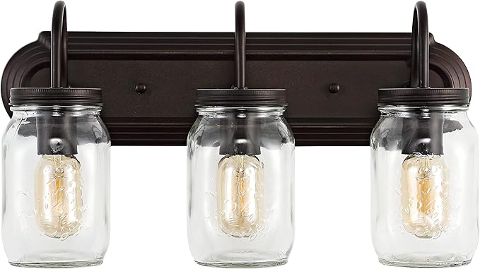 JONATHAN Y 19.3" Oil Rubbed Bronze 3-Light Iron and Glass Mason Jar Vanity Light, Farmhouse Industrial Rustic Wall Sconce for Bathroom, UL Listed, LED Bulbs Included JYL7801A