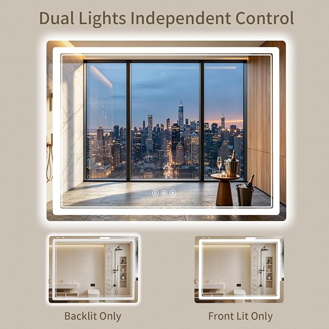 36"x40" LED Bathroom Mirror with Lights, Backlit + Front Lit, Anti-Fog, Lighted Bathroom Mirror for Wall, HD Shatterproof Tempered Glass, Dimmable, Memory Function (Horizontal/Vertical)