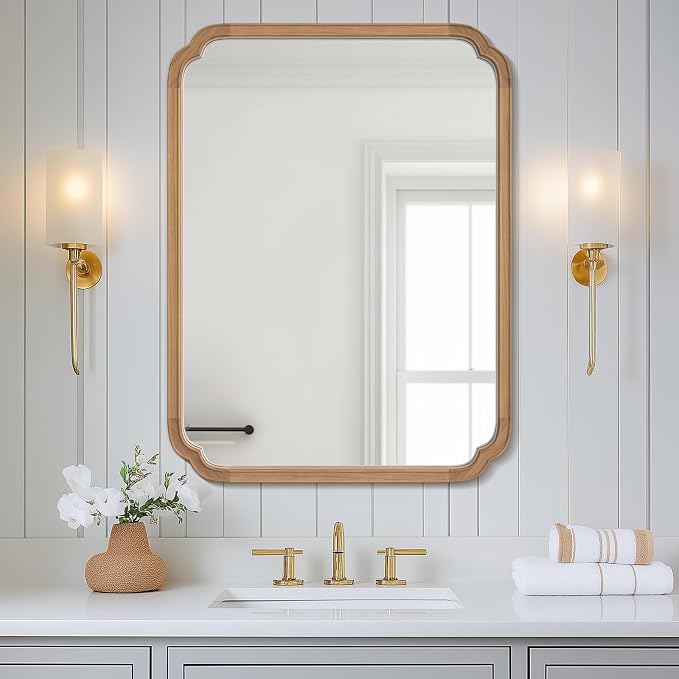 28" x 40" Rounded Corner Arch Wall Mirror with Wood Frame for Entryway, Living Room or Bedroom Home Decor - Light Woodgrain [28 x 40 inches, Honey-Colored]