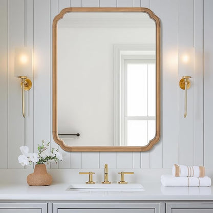 28" x 40" Rounded Corner Arch Wall Mirror with Wood Frame for Entryway, Living Room or Bedroom Home Decor - Light Woodgrain [28 x 40 inches, Honey-Colored]