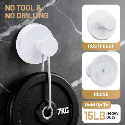 Suction Cup Hooks for Shower No-Drill Bathroom Hooks for Towels, Robes, Loofah Mountable on Bathroom Walls, Kitchen, Glass, Mirrors, Tile and Smooth,Non-Porous Surfaces (2, White)
